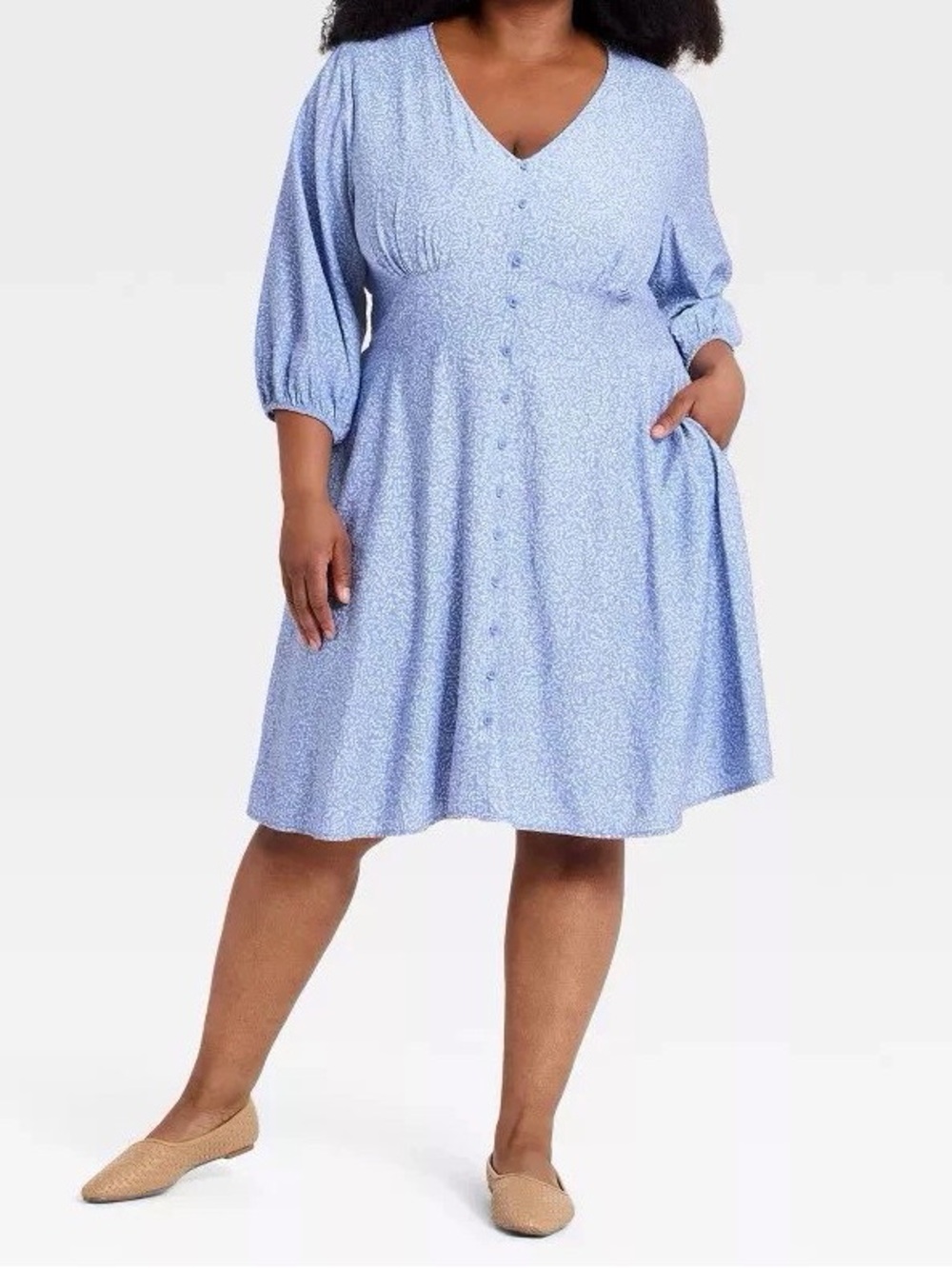 V-Neck Light Blue Midi Dress with Button Front